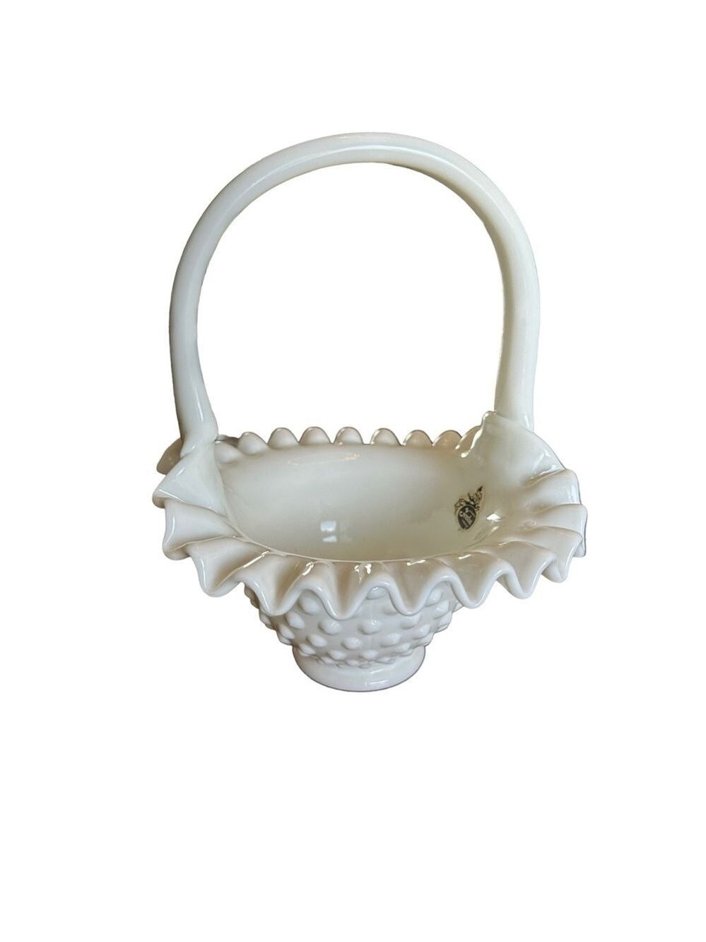 Fenton Milk Glass Hobnail Scallop Edge Basket With Handle 7 Inches Tall